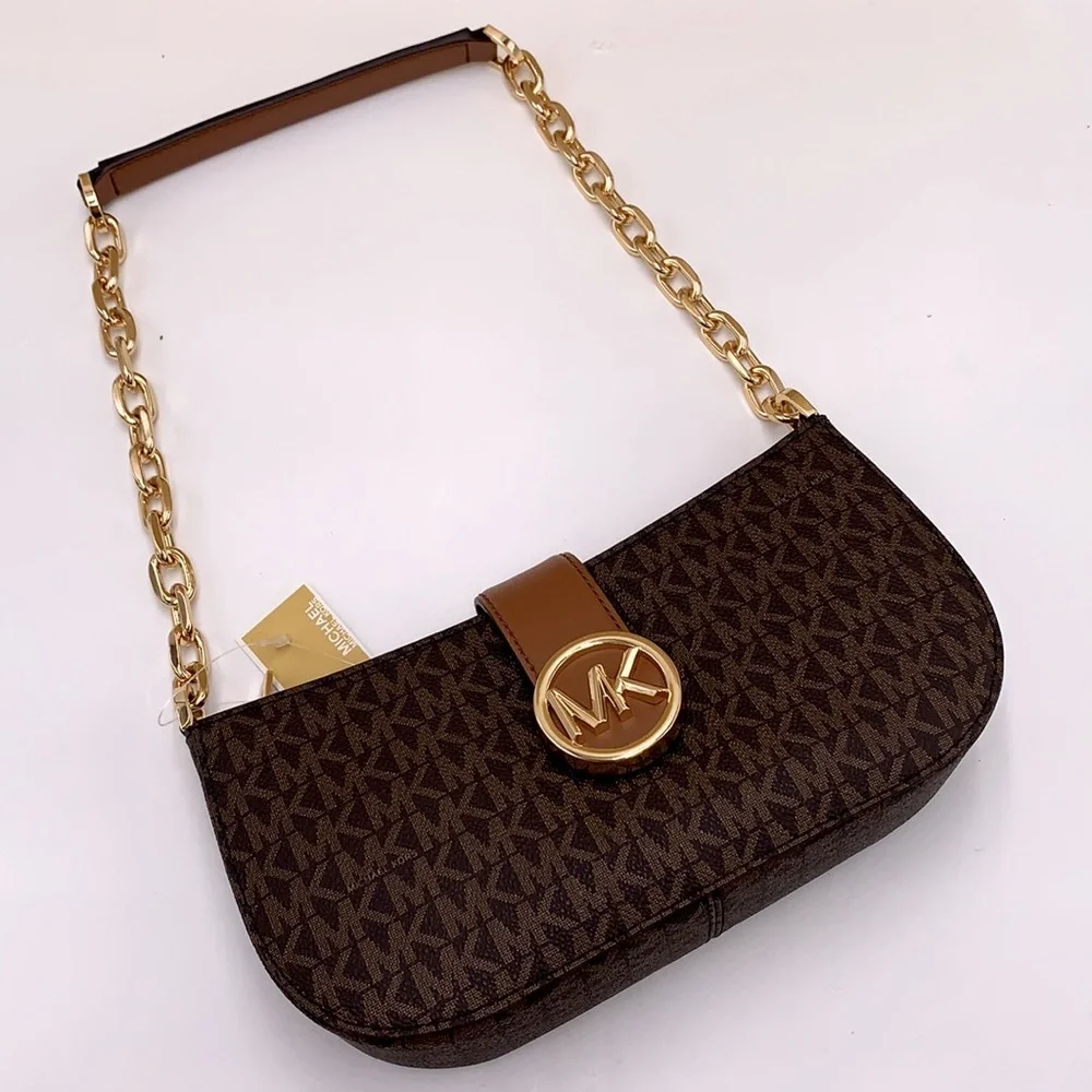 MICHAEL KORS Carmen Small Shoulder Pochette Bag BROWN SIGNATURE COLOR  NWT